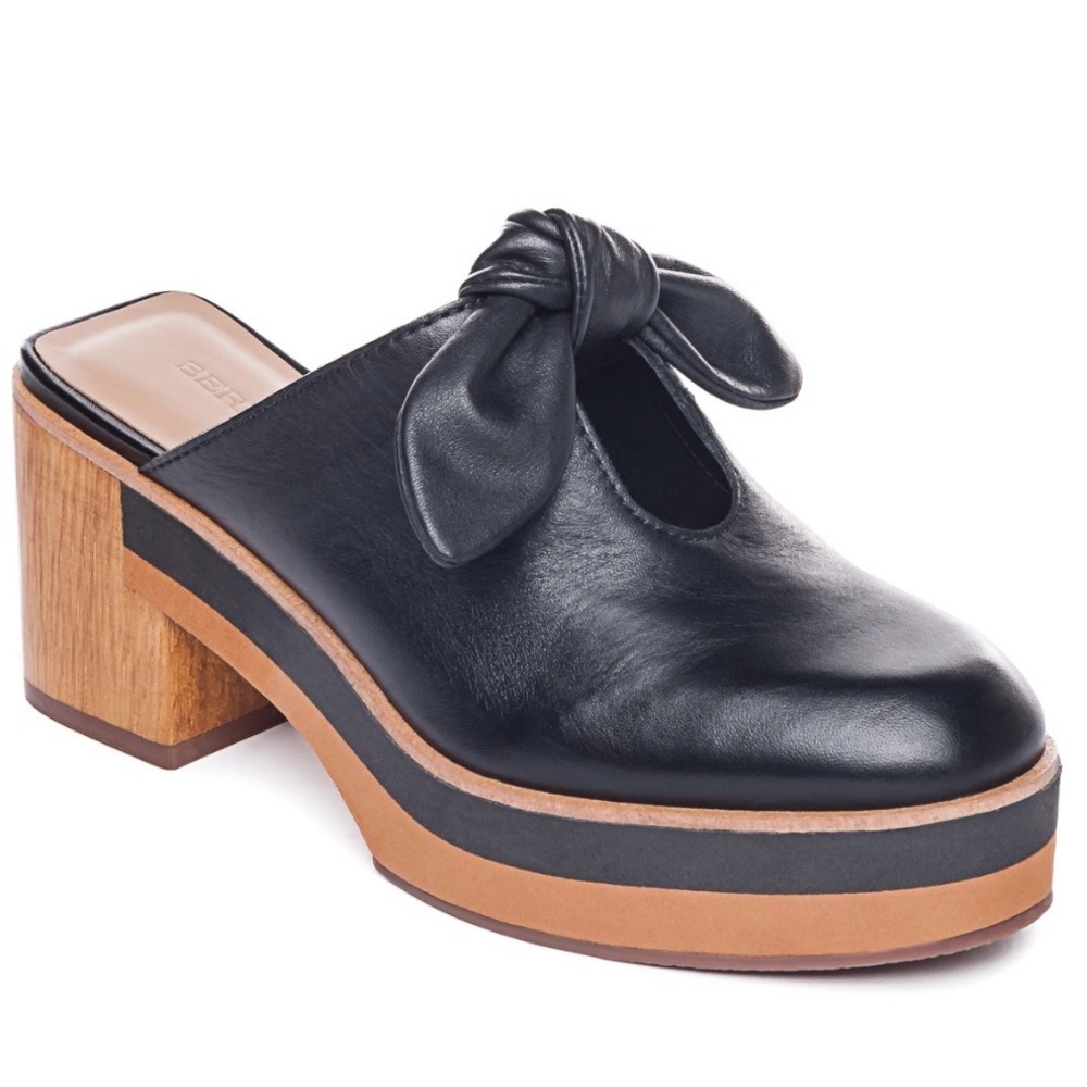 Bernardo Black Leather Knot-Trim Platform Mule with Wood Heel